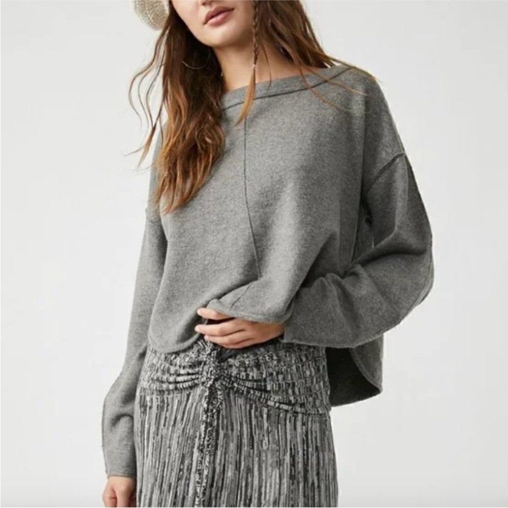 Free People grey Jamie sweater scoop neck cropped balloon sleeve oversized XS